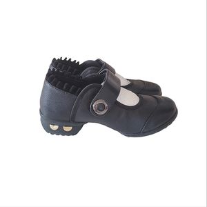 Faux Leather Black Velcro Strap Dance Shoes w/Ruffles on Ankle Hem